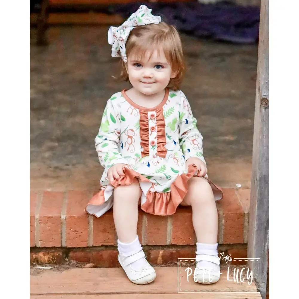 PETE + LUCY Cute Monkey Jungle Long Sleeve Ruffle Dress 7/8 NEW